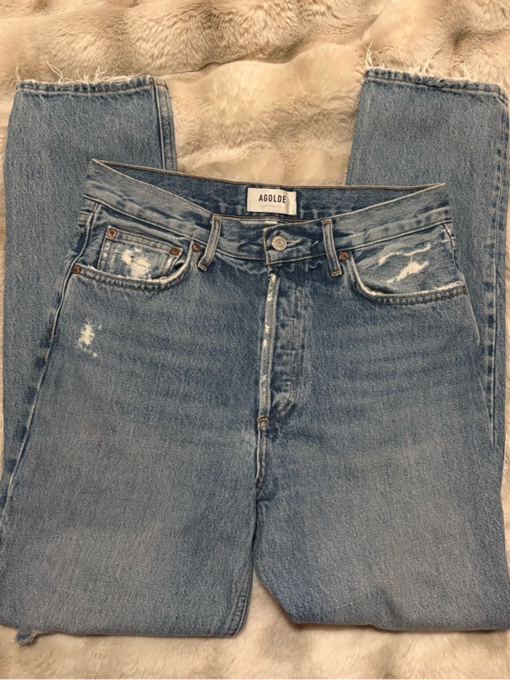 AGOLDE Fen High-Rise Relaxed Light Blue Distressed Tapered Jeans - Picture 2 of 7